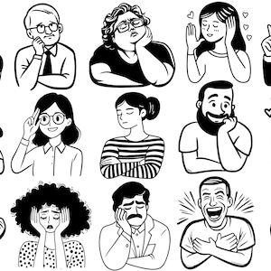 Emotions Clipart Bundle, Black and White Line Art, Hand-Drawn Characters, Digital Stickers, Expression Illustrations, SVG Files, Printable