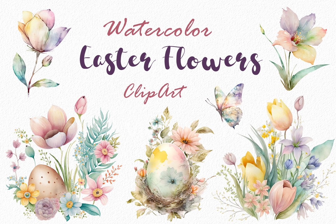Watercolor Easter Flowers Clipart: Floral Egg PNG (instant Download) - Etsy