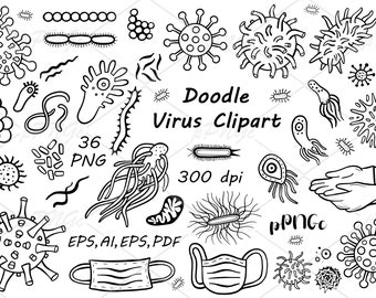 Doodle bacteria and virus clipart, png, eps ai, vector, cvg, doodle collection, black sketch, decorative icons, hand-drawn, microbes