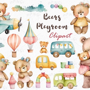 Ursinhos de pelúcia e brinquedos clipart para decoração de quarto infantil, convites para chá de bebê, para projetos educacionais e atividades de aprendizagem