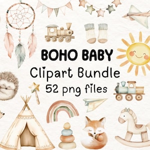 Paquete de imágenes prediseñadas de bebé bohemio: lindas pegatinas para bebés, PNG de acuarela, imágenes prediseñadas para baby shower, arte infantil, descarga digital