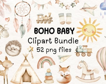 Boho Baby Clipart Bundle: Aquarell Kinderzimmer Kunst (Digitaler Download)