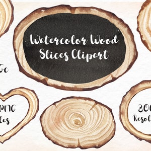 Watercolor Wood Slices Clipart. Wooden slices, wedding invitation, frame template. Rustic woodland wedding set, Scrapbooking