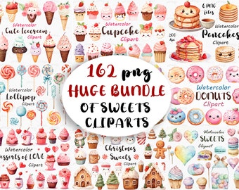 Watercolor Sweets Mega Bundle: Cupcakes, Ice Cream, Candies – Perfect Clipart for Creative Projects and Sweet Designs, PNG, commercial use