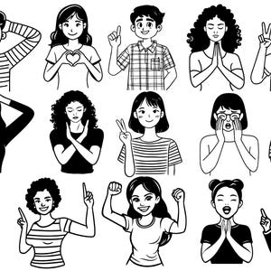 Emotionen und Gesten Clipart - Bundle SVG Schwarz Weiß Illustration Pack, Cricut Datei für Aufkleber und Projekte, Charakterausdrücke