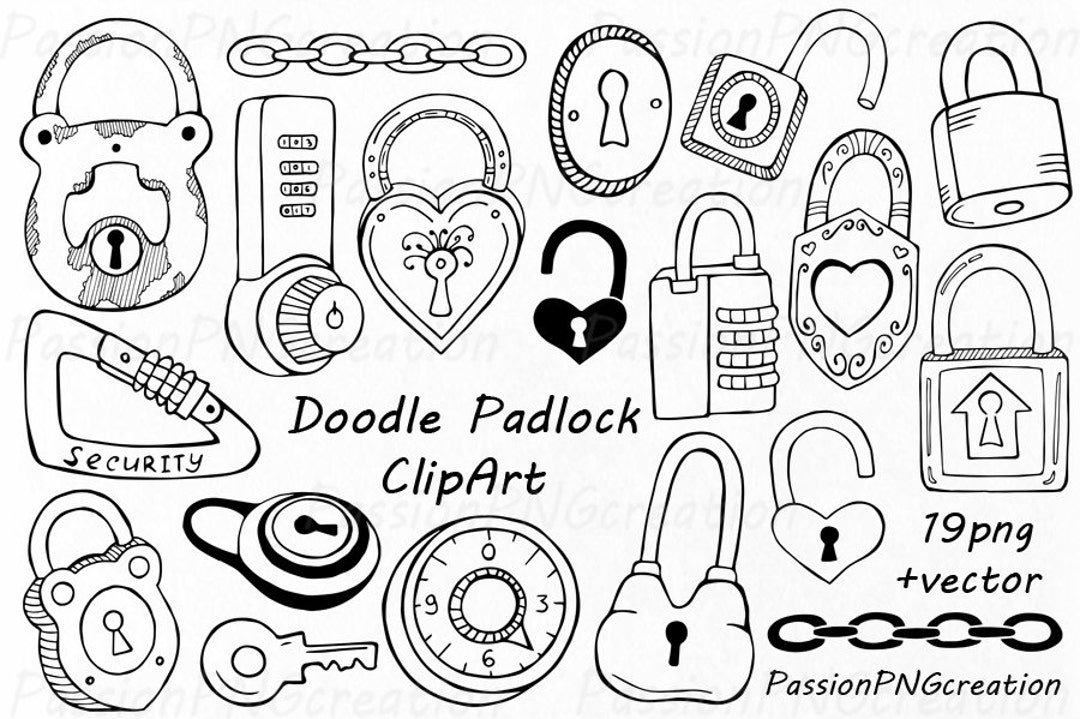 Set of doodle vintage locks on old paper background. Vector sketch  illustration., Stock vector