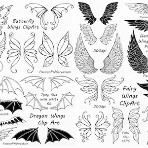Puede incluir: Una colección de ilustraciones de alas en blanco y negro. Las ilustraciones incluyen alas de mariposa, alas de dragón y alas de hada. El texto "Butterfly Wings ClipArt", "Dragon Wings ClipArt" y "Fairy Wings ClipArt" está incluido en la imagen. El texto "PNG files +EPS" y "300dpi" también está incluido en la imagen.