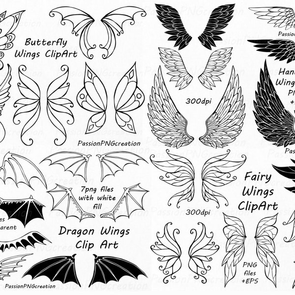 BIG SET of Wings Clipart, Doodle wings clip art, Hand drawn wings, png, eps, AI, vector files, Photo props, for Personal and Commercial Use