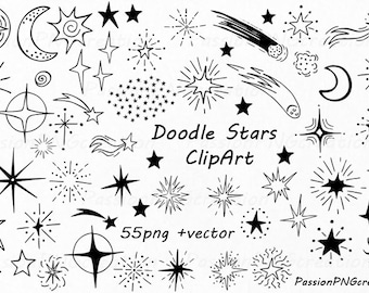 Doodle Stars Clipart: Hand-Drawn Star Graphics (PNG, EPS, AI)