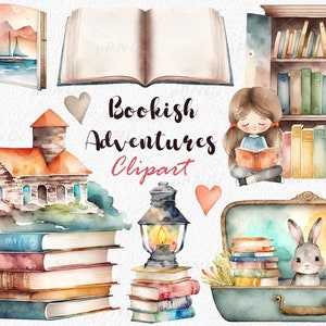 Bookish Adventures aquarel clipart set met grillige huizen, nautische schepen en stapels boeken - digitale download, commercieel gebruik
