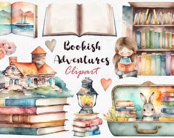 Bookish Adventures Watercolor Clipart Set Featuring Whimsical Houses, Nautical Ships, and Stacks of Books - Digital Download, commercial use