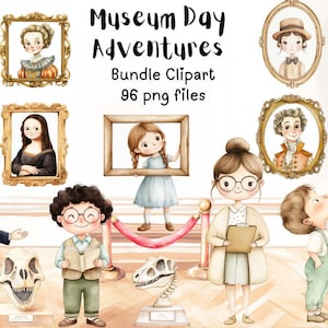 Clipartbundel Museumdagavonturen | 96 png-bestanden | Kinderen in museum, standbeelden, schilderijen, dinosaurussen, het oude Egypte