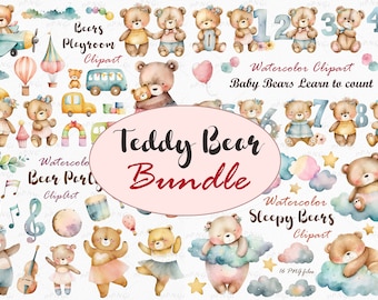 Watercolor Teddy Bears Clipart Bundle, 68 PNG, perfect for nursery decor, scrapbooking, and DIY crafts. Download now