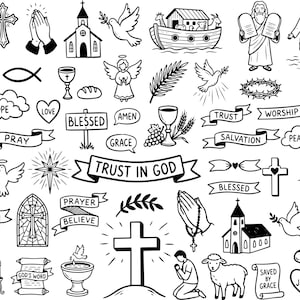 May include: A selection of monochrome religious drawings, featuring a church, cross, dove, and an open book with the word "FAITH". Other elements include a chalice, rosary, and the text "TRUST IN GOD".