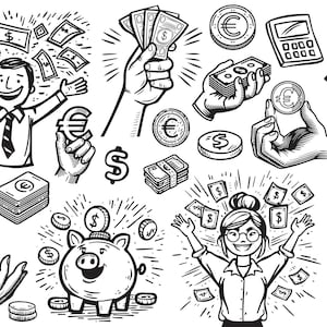 Dollaro in formato SVG, Euro in formato SVG, Simbolo del dollaro in formato SVG, Clip con disegno lineare, File di taglio per il denaro, Schizzo da colorare, Per uso personale e commerciale