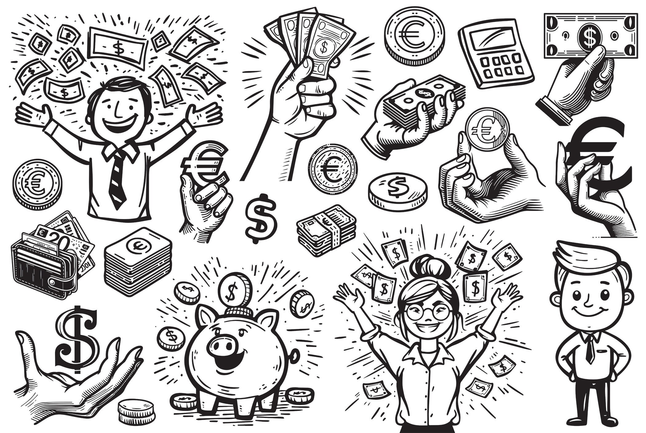Dollar & Euro Money SVG Bundle: Line Art Clip Art (Digital Download)