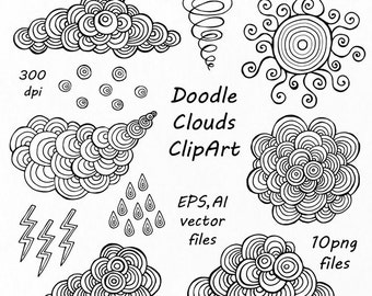 Dessiné à la main Doodle Clouds Clipart, Doodle sun clip art, PNG, EPS, AI, vector, Doodled sky, Fantasque clouds, pour usage personnel et commercial