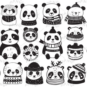 Lindo Panda Line Art Designs SVG Clipart Set, PNG, Archivos para Cricut, Gráficos de animales, Página para colorear, Para uso personal y comercial