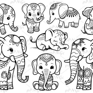 May include: A set of eight black and white line drawings of elephants with intricate patterns. The elephants are in various poses, including standing, sitting, and lying down.