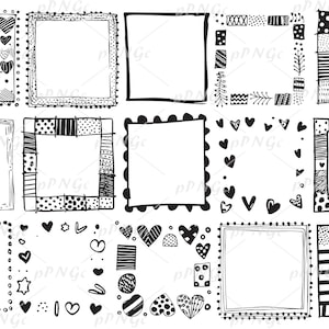 May include: A set of 12 black and white hand-drawn frames with different patterns and designs. The frames are ideal for adding a unique touch to your projects.