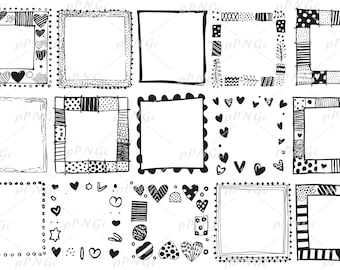 Doodle Frame Clipart Set: Hand-Drawn Heart & Geometric Borders (PNG, SVG, PDF)