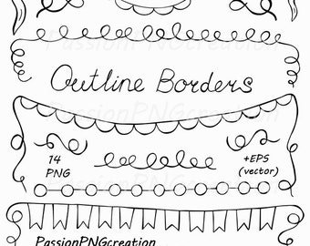 Hand Drawn Outline borders clipart, Banners Outlines, Coloring, Digital stamp, PNG,  EPS, PDF, vector, for Personal and Commercial Use