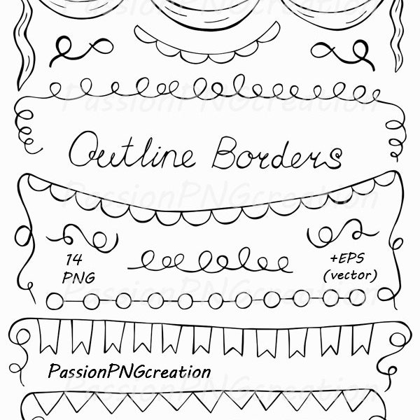 Hand Drawn Outline borders clipart, Banners Outlines, Coloring, Digital stamp, PNG,  EPS, PDF, vector, for Personal and Commercial Use