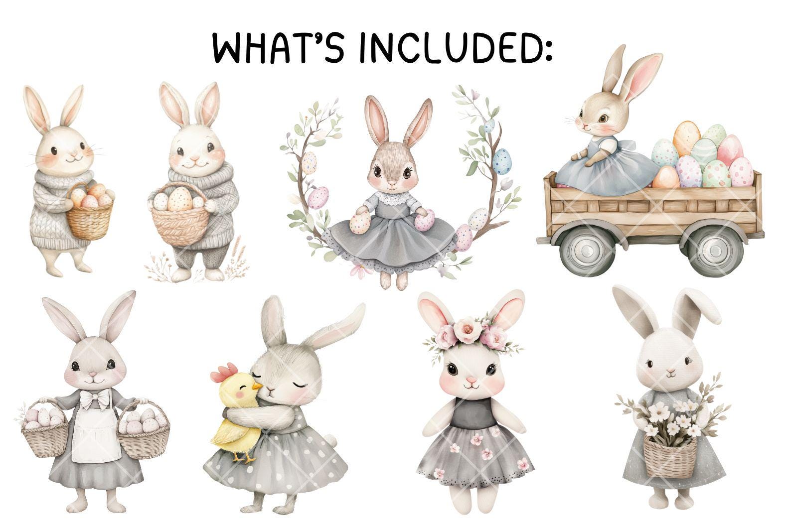 Cute Easter Bunny Clipart Bundle - 32 PNG Watercolor Stickers, Spring ...