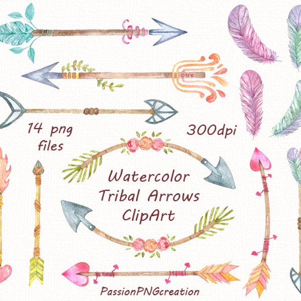 Watercolor Tribal Arrows Clip art,  Handpainted clipart, PNG, diy greeting card, wedding clipart, for Personal and Commercial Use