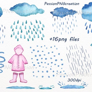 Watercolor Rainy Day Clipart, Watercolor Rainy Day Clipart, umbrella clip art, seamless pattern, Watercolor rain , diy, PNG files image 3