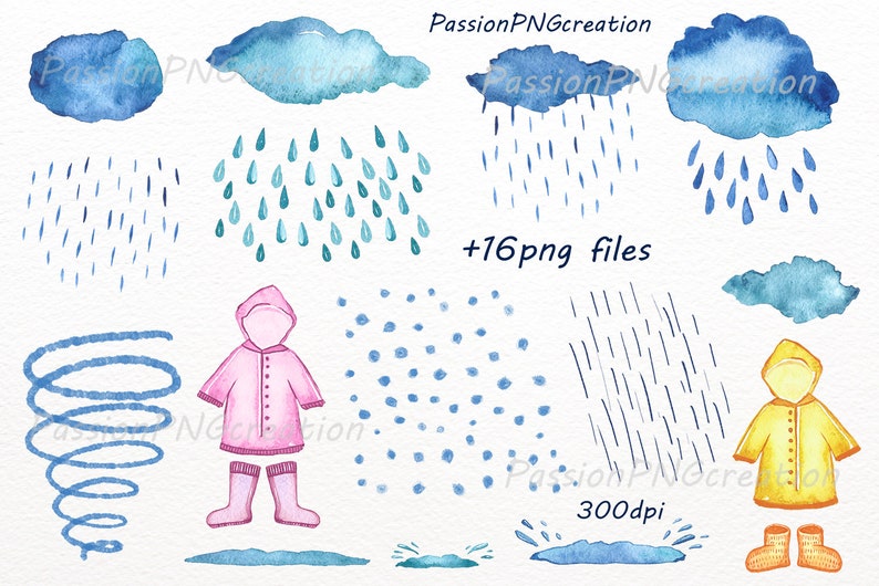 Watercolor Rainy Day Clipart, Watercolor Rainy Day Clipart, umbrella clip art, seamless pattern, Watercolor rain , diy, PNG files image 3