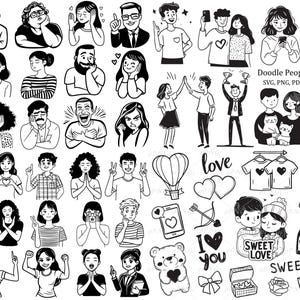 Paquete de elementos de amor y personas garabateadas SVG, PNG: archivos Cricut perfectos y calcomanías imprimibles para álbumes de recortes, diarios y manualidades