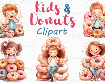 Watercolor Kids and Donuts Clipart - Charming, Playful, Whimsical Illustration for Invitations, Posters, and More