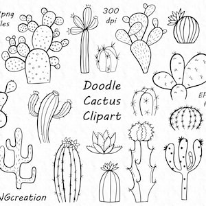 Doodle Cactus Clipart, digital cacti clip art, png, eps, ai, vector, plants, Succulent, flower silhouettes, Personal and Commercial Use