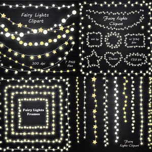 Puede incluir: Conjunto de imágenes prediseñadas digitales con luces de hadas en varios arreglos, incluyendo cuerdas, marcos y formas. Los diseños incluyen elementos de luz de estrella y redondos, con texto que dice "Fairy Lights Clipart" y "Fairy Lights Frames". Incluye archivos vectoriales y PNG.