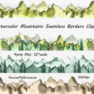 Aquarelle montagnes - frontières sans soudure Clipart 12'' de large, PNG, peint à la main, bordure montagne clip art, collines, usage personnel et Commercial