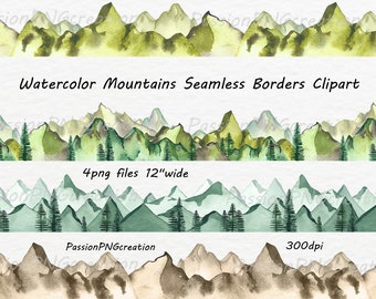 Bordes de montaña en acuarela: PNG sin costuras (descarga digital)