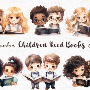 Aquarel kinderen lezen boeken clipart, kinderen Love Books, png-bestanden, schattige inrichting kinderkamer, voor persoonlijk en commercieel gebruik