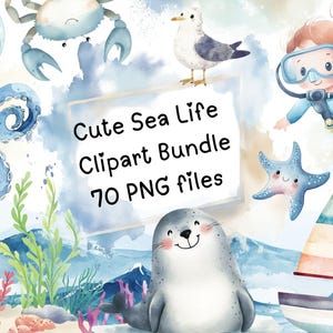 Niedliches Sea Life Clipart Bundle - 70 PNG, Meerestiere, Aquarell Meeresbewohner, unter dem Meer, digitale Aufkleber, Sublimation, DIY Kunsthandwerk