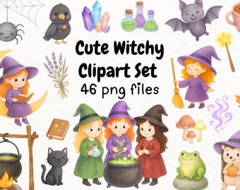 Aquarel heks clipartset: Halloween-graphics, drankjes, dieren (PNG-bestanden)