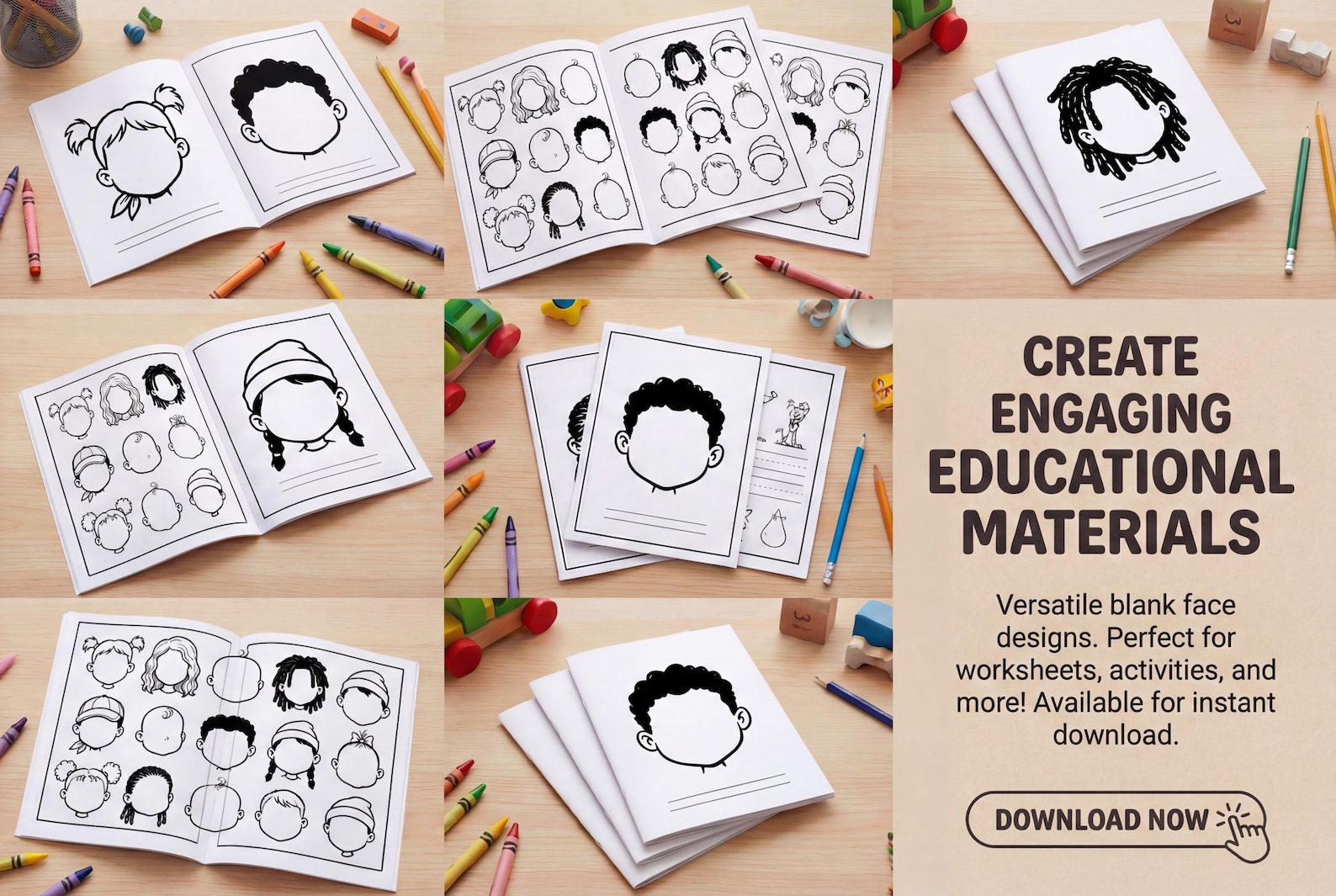 Diverse Kids Faces Clipart SVG Bundle, 15 Faceless Children Heads ...