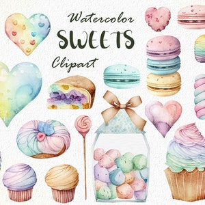 Watercolor sweets clipart, Desserts digital clipart, Cute love candy heart, Cupcake, macarons, marshmallow chocolate PNG