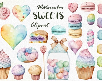 Watercolor sweets clipart, Desserts digital clipart, Cute love candy heart, Cupcake, macarons, marshmallow chocolate PNG