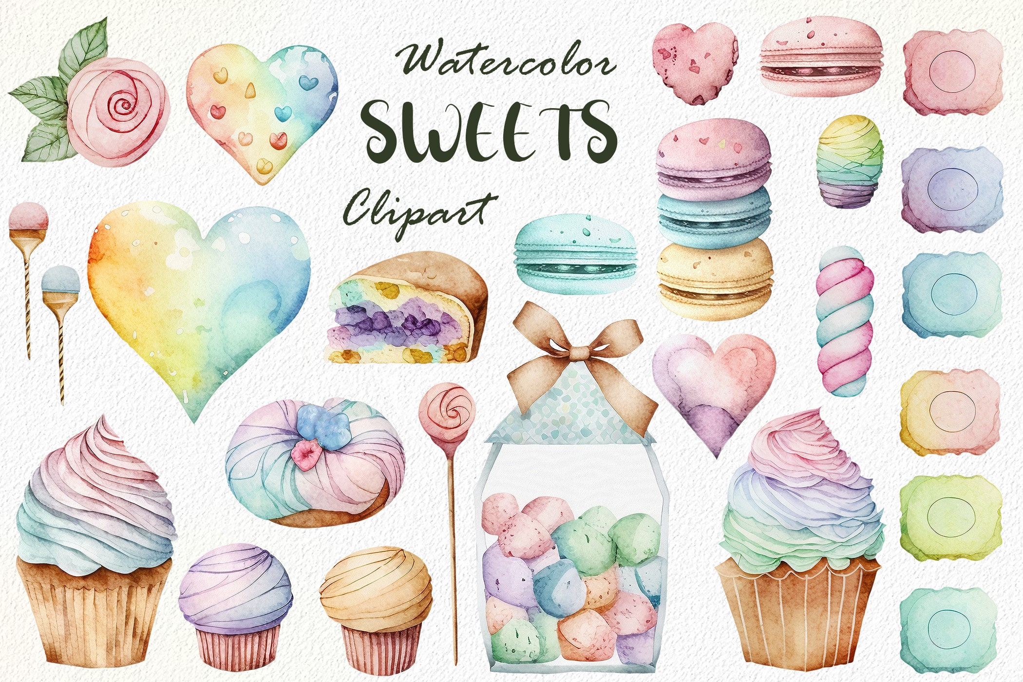 Watercolor Sweets Clipart: Candy Hearts, Cupcake, Macarons (PNG Digital Download)