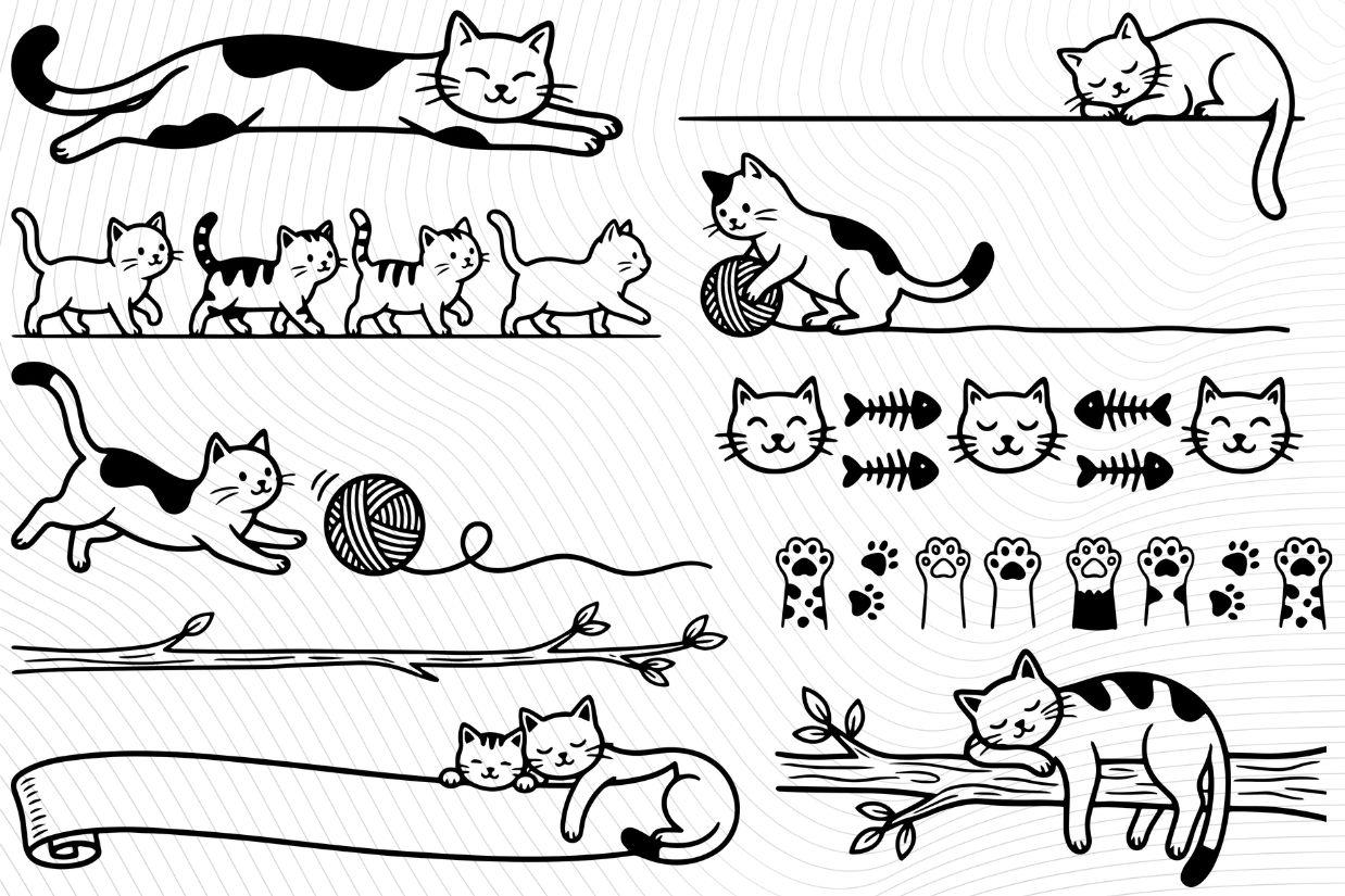 Doodle Cat Divider Clipart SVG Bundle, Kitten Line Art (commercial Use ...