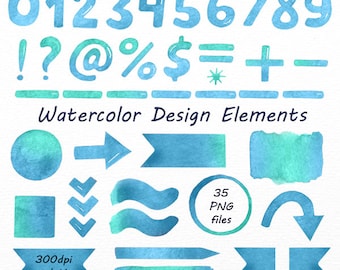 Watercolor Aqua Blue Design Elements, PNG, Watercolor Numbers Clipart, Hand Painted, Symbol, for Personal and Commercial Use