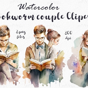 Conjunto de imágenes prediseñadas de acuarela: hombre, mujer y pareja leyendo un libro. ¡Archivos PNG de alta calidad para diseñar invitaciones, tarjetas y más!