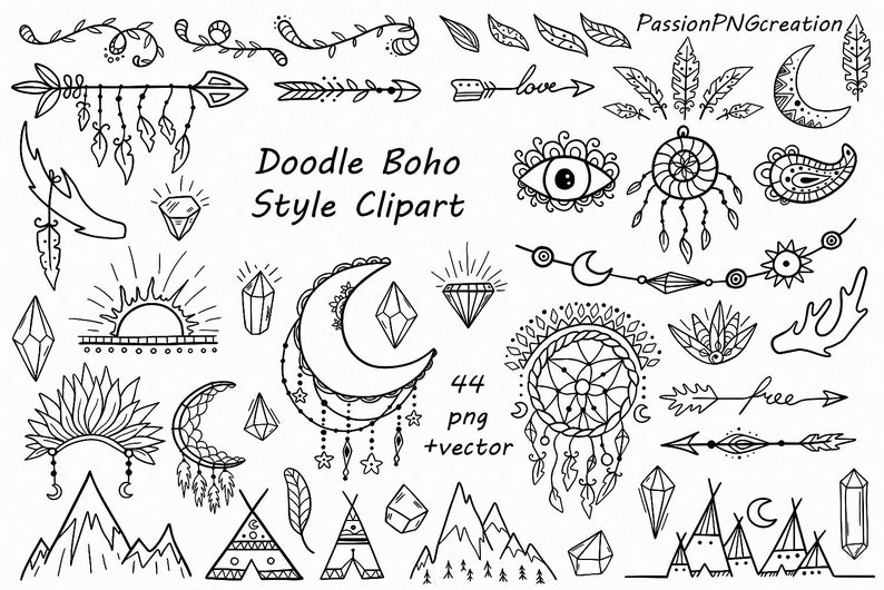 Doodle Boho Style Clipart, hand drawn indian clip art, sketch, png, vector, outline for Personal and Commercial Use image 1