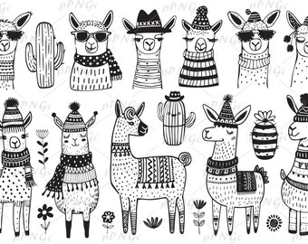 May include: Black and white line art illustrations of llamas wearing hats, scarves, and sweaters. Some llamas are wearing glasses. There are also illustrations of cacti.