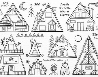 Puede incluir: Un conjunto de 22 ilustraciones en blanco y negro de casas con forma de A. Las ilustraciones son de estilo doodle e incluyen varios detalles como ventanas, puertas, chimeneas y árboles. El texto "Doodle A-Frame Houses ClipArt" y "22png files" está incluido en la imagen.